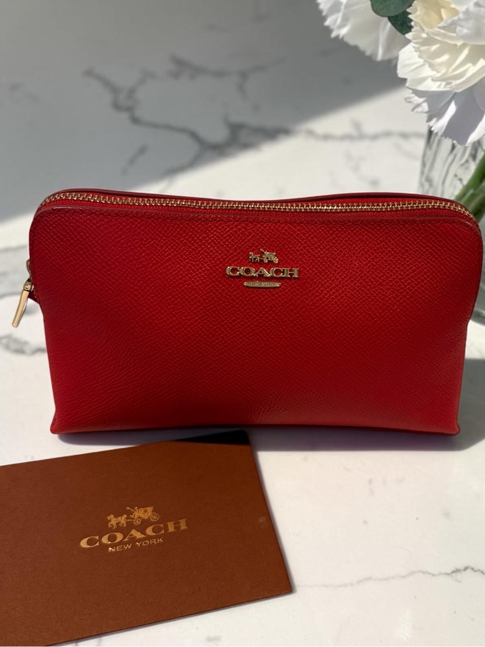 Coach Red Saffiano Leather Cosmetic Bag with Gold Logo and  Branded Dust Bag